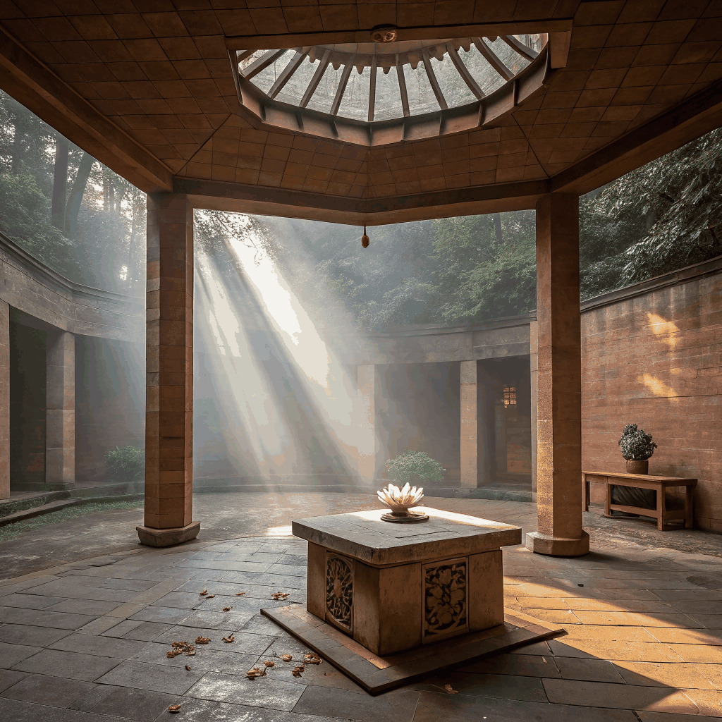 Interiér meditačního sálu s jemným osvětlením